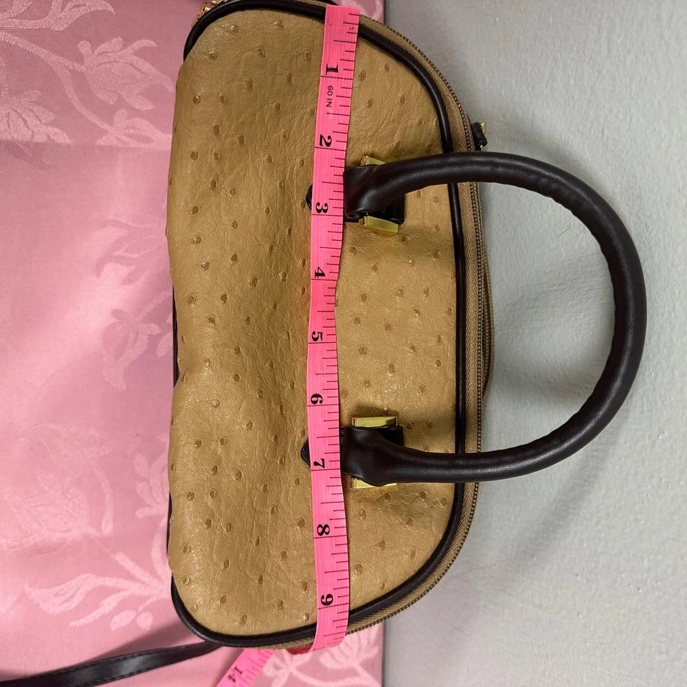 Tan Faux Ostrich Triple Zip Satchel Crossbody Bag Brown Trim Gold Hardware